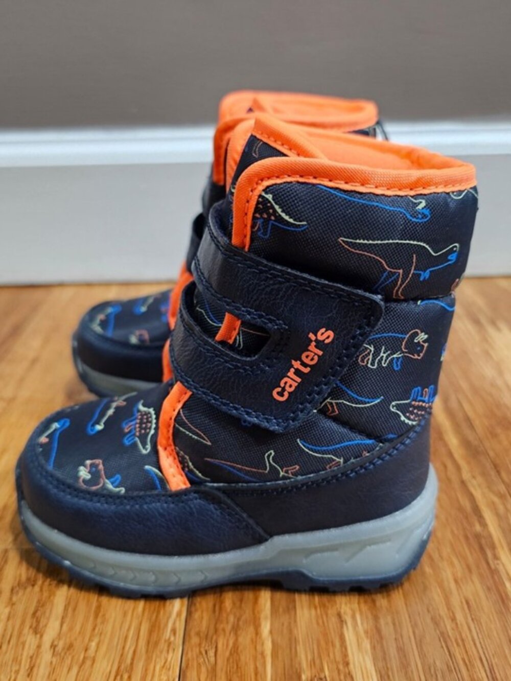 New Carters Toddler Size 6M Dinosaur Winter Snow Boots Navy Blue Orange
